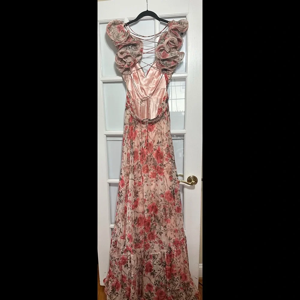 Mac Duggal Pink Floral Rose Cut-Out Chiffon Gown STUNNING! - Picture 8 of 11
